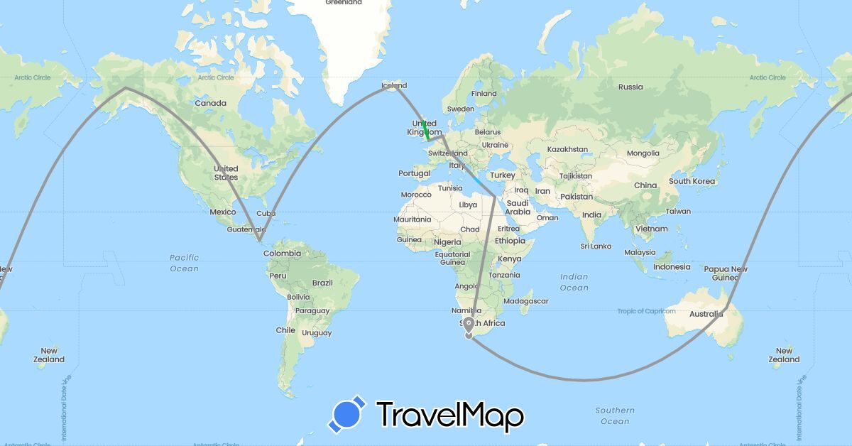 TravelMap itinerary: bus, plane, boat in Australia, Switzerland, Costa Rica, Egypt, United Kingdom, Greece, Iceland, Netherlands, United States, South Africa (Africa, Europe, North America, Oceania)